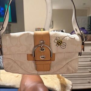 Coach Cream Canvas Shoulder Bag with Bee Appliqué and Tan Trim